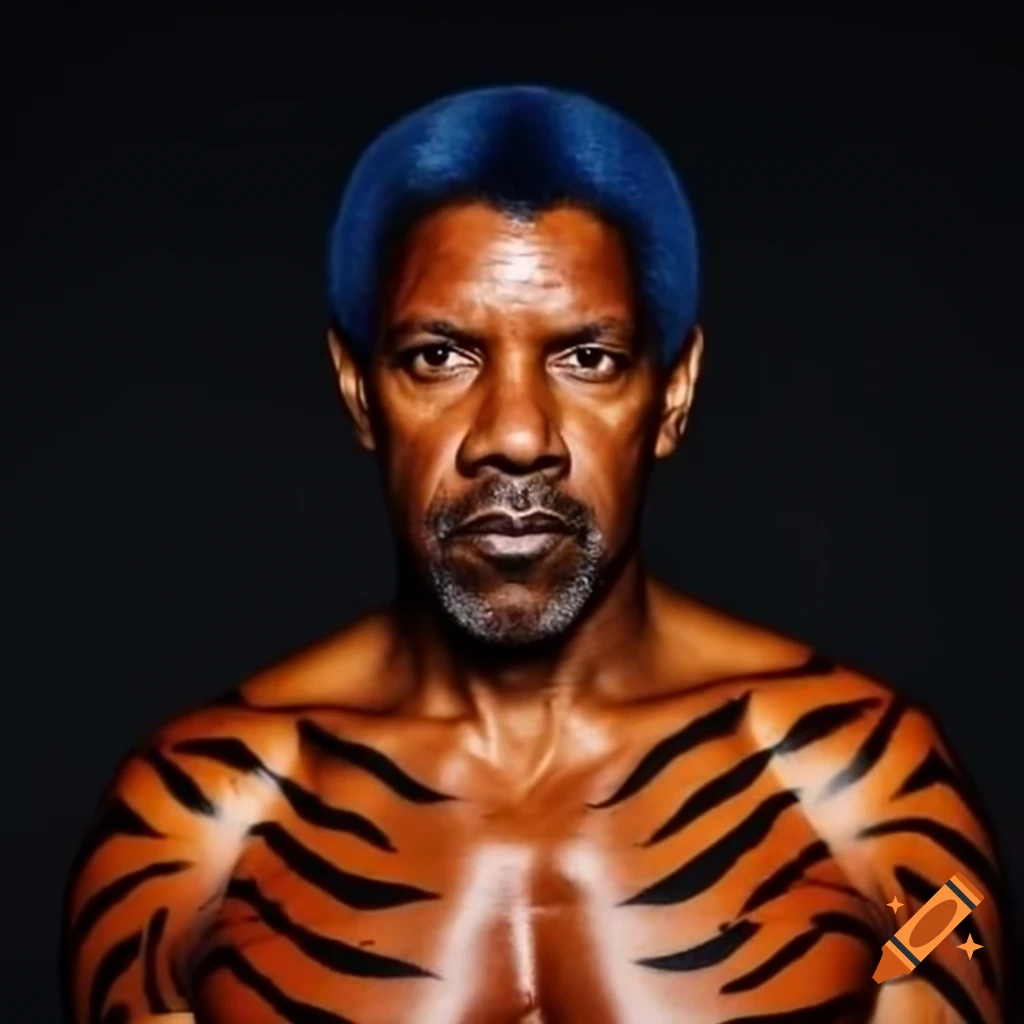 Muscular figure resembling Denzel Washington with tiger-style makeup and blue hair