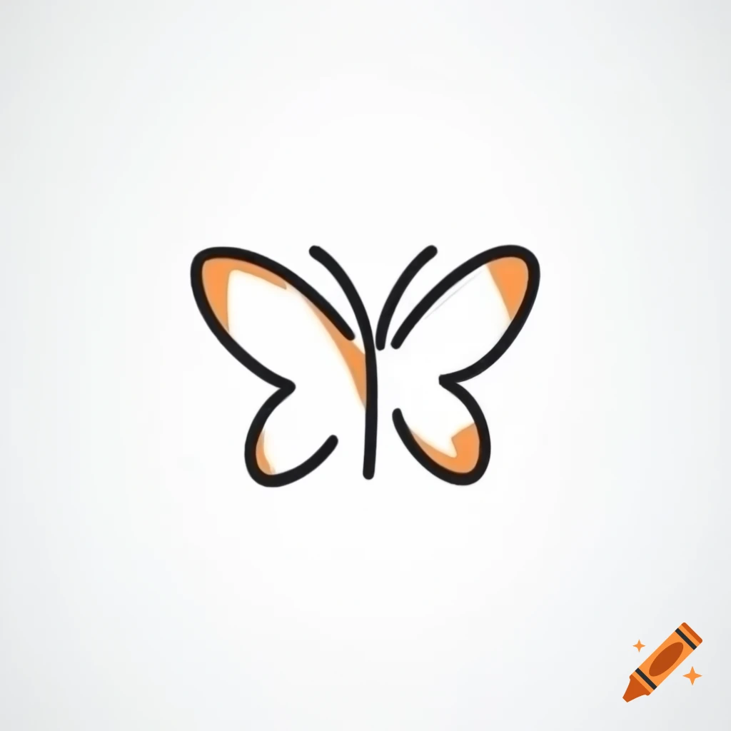 Minimalist black line drawing of a butterfly with orange and green accents
