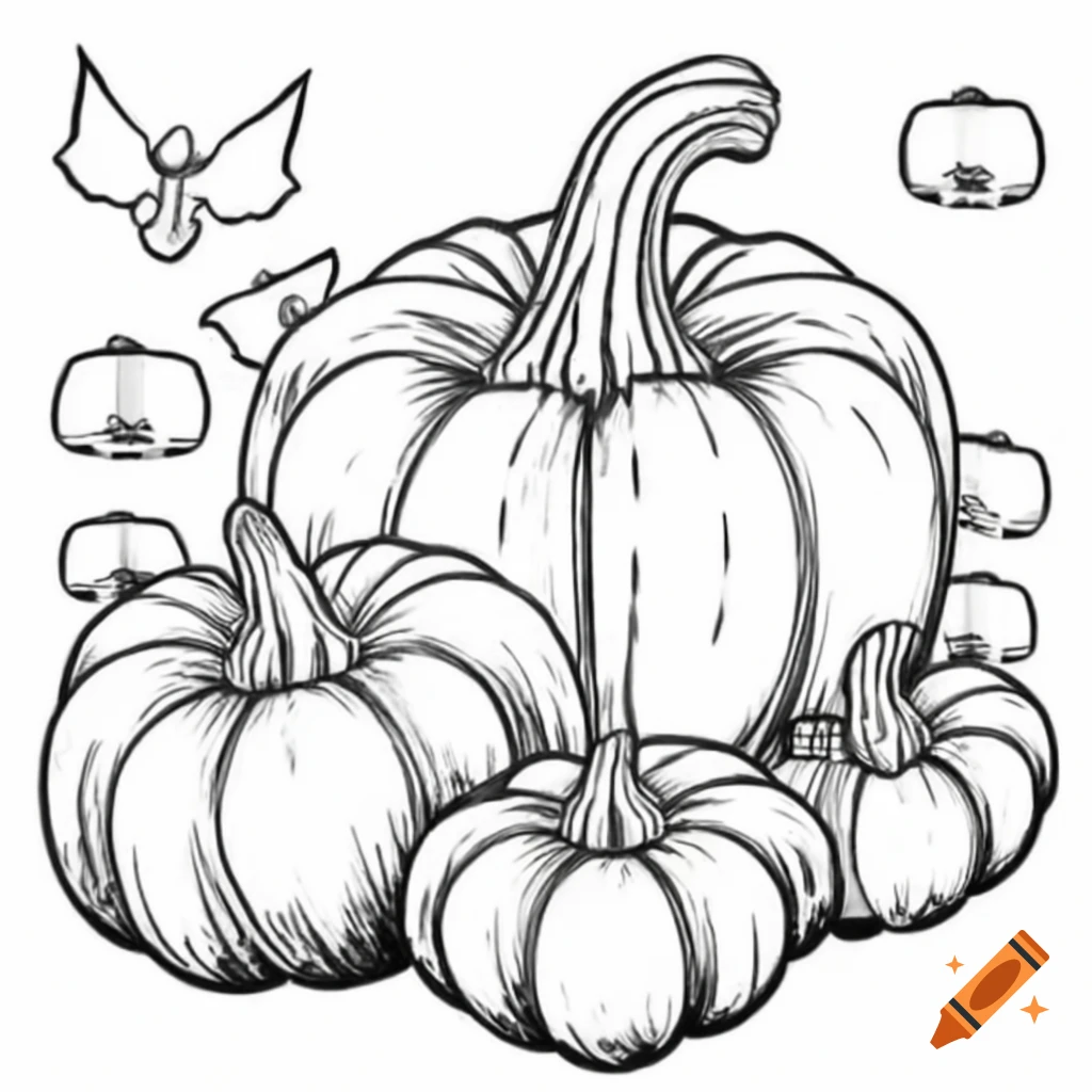 Black and white illustrations of realistic Halloween pumpkins for coloring book