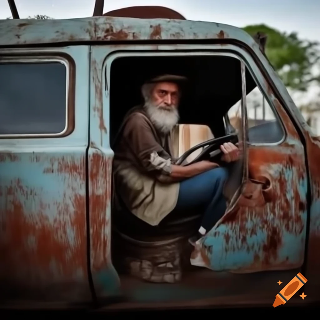 Older man driving rusty grey truck, wearing a hat and smoking a cigarette