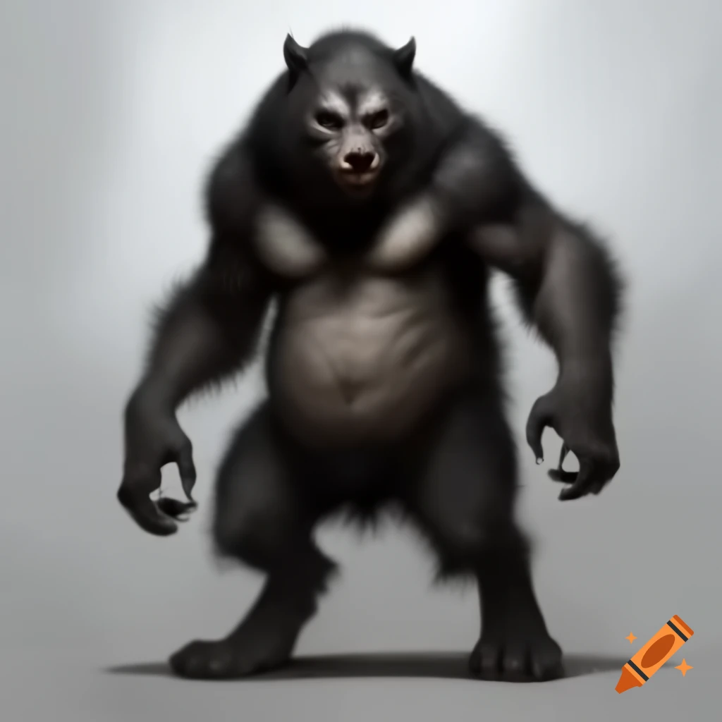 Fat werewolf standing on hind legs with black and grey fur