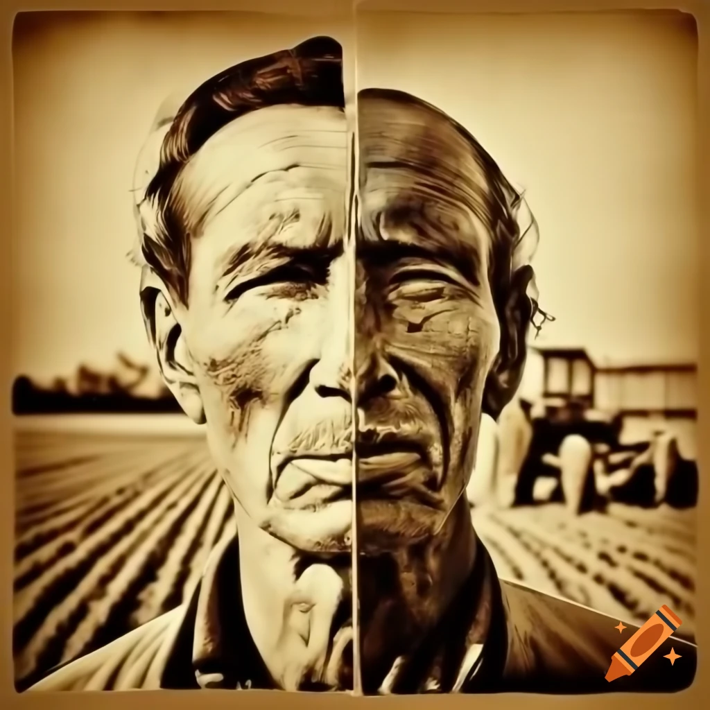 Sepia-toned drawing of half-man half-machine from farm equipment