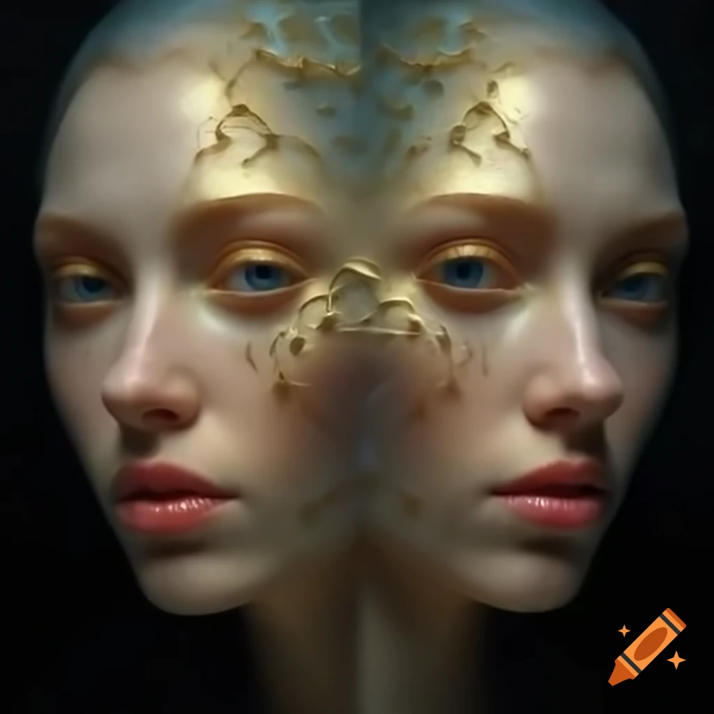 Fantasy fish with human faces, gold color, showing two teeth