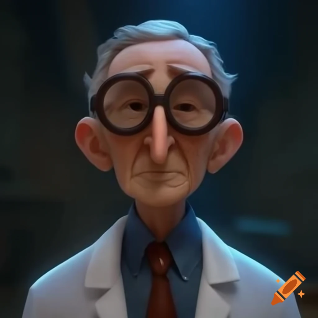 Three characters: an elderly man, a young woman with glasses, and a humanoid robot collaborating in a laboratory