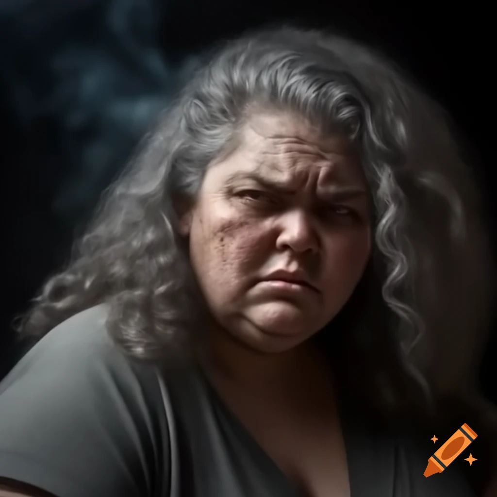 Tired middle-aged woman in profile view with aged skin and curly grey hair in smoky atmosphere