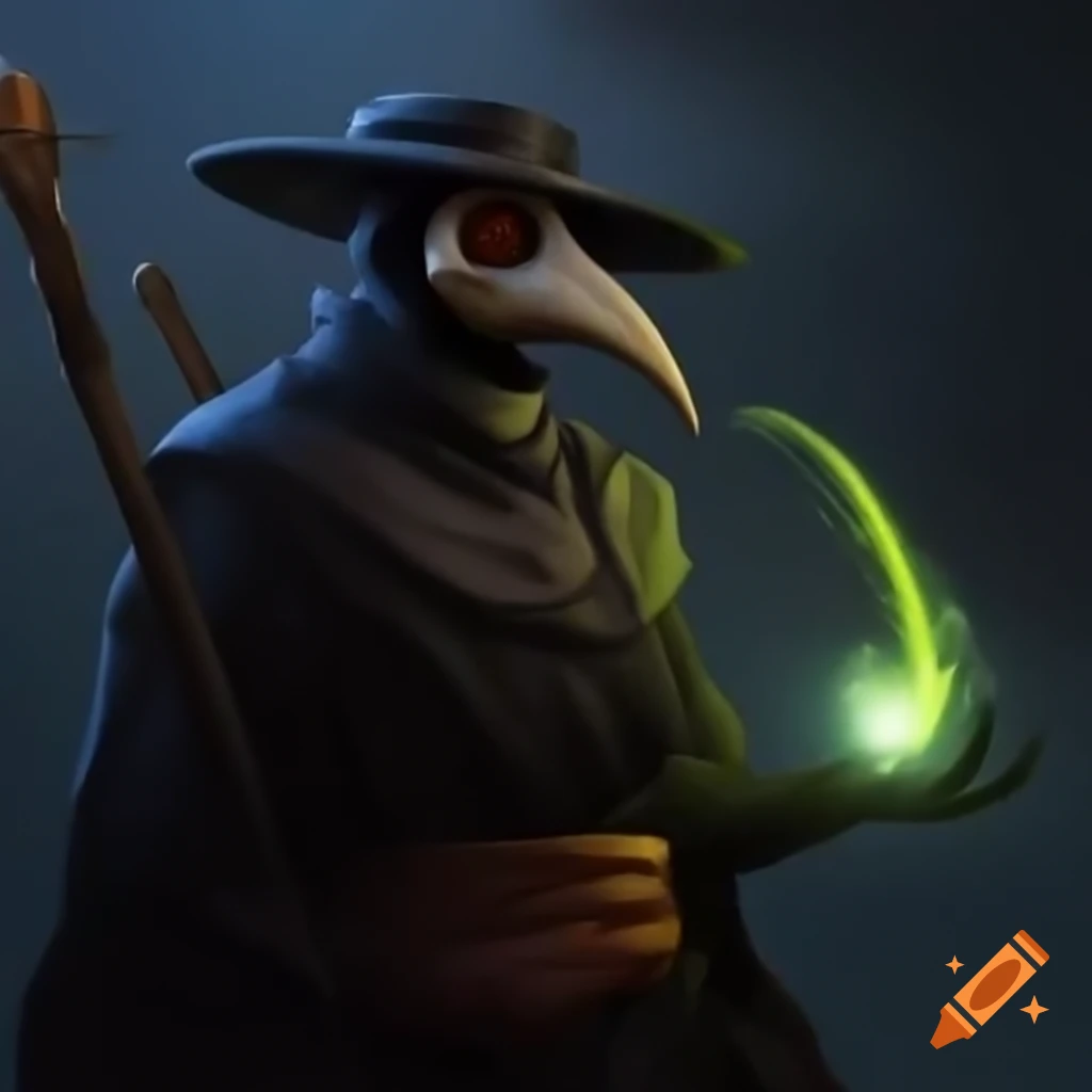 Male plague doctor with alchemical bomb and sickle, radiating dark magical aura and showcasing chemical scars