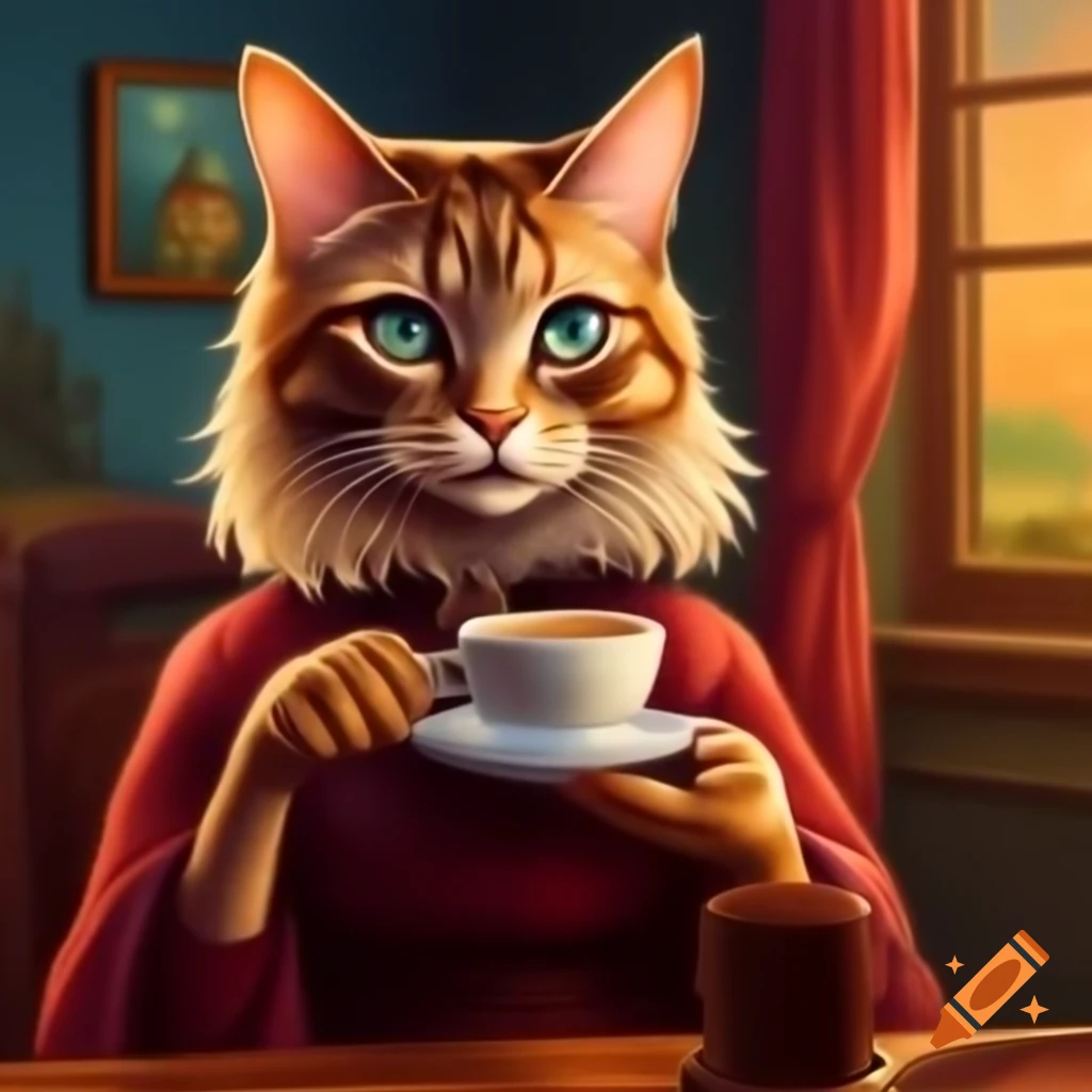 Cat in dark red dress holding coffee cup, watercolor style, warm colors