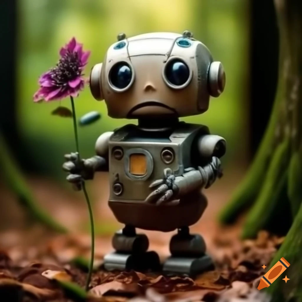 Sad robot holding dark flower in detailed forest scene