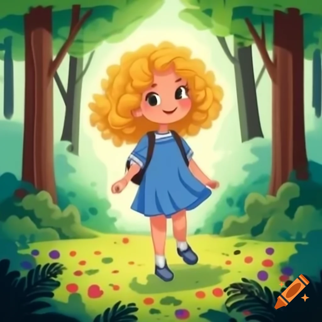 Girl with golden hair in blue dress walking through flower-filled forest