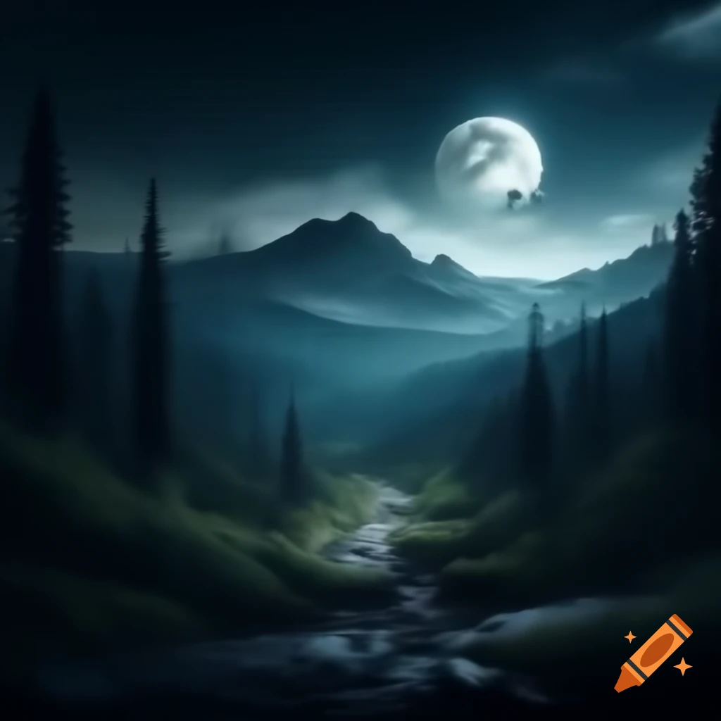 Night forest outskirts with full moon and mountains