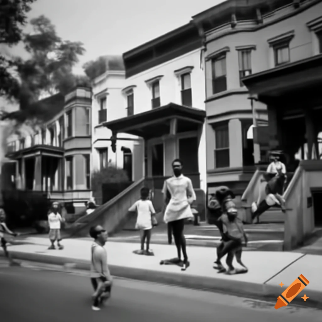 Vibrant 1920s urban neighborhood with families, children playing, and jazz musicians
