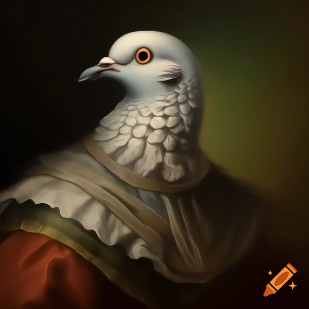 Oil painting of pigeon in 1700s era clothing and Elizabethan collar