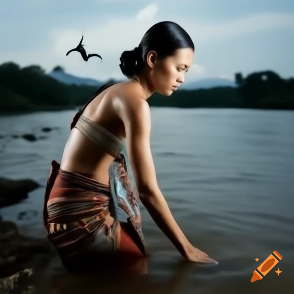 Thai woman in traditional sarong bathing by riverside in serene forest setting