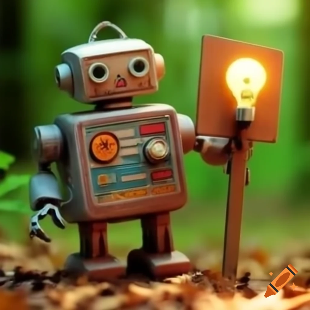 Old toy robot holding glowing sign in detailed forest setting