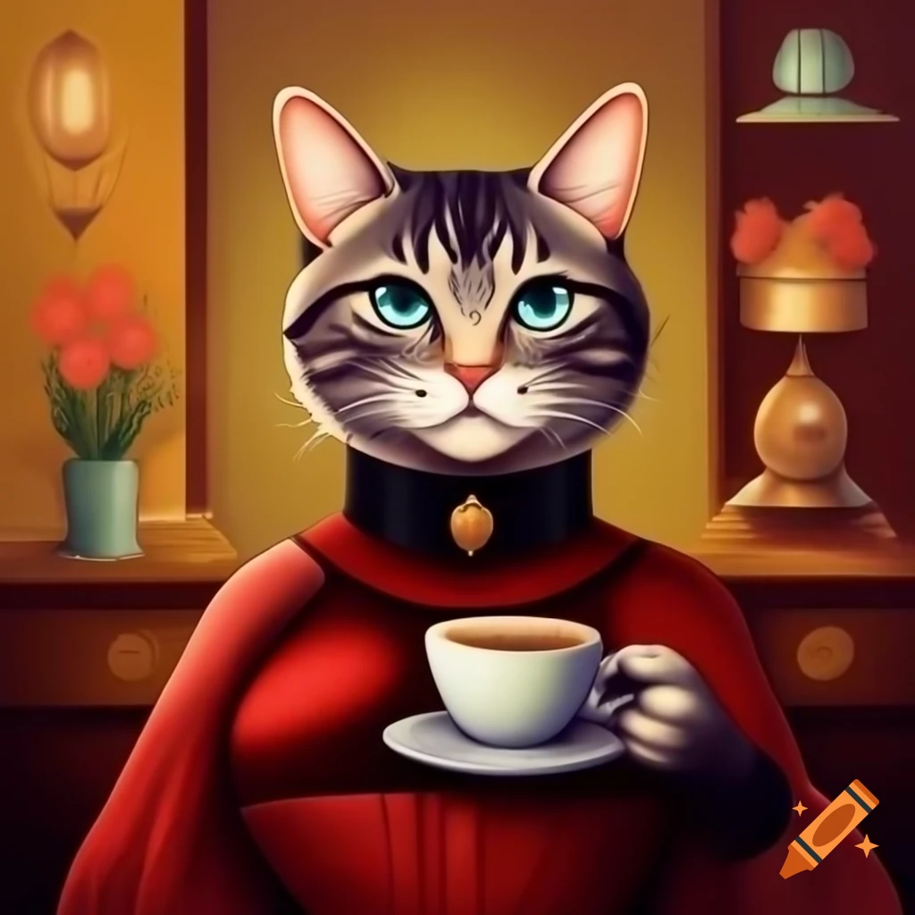 Cat in dark red dress holding coffee cup, watercolor style, warm colors