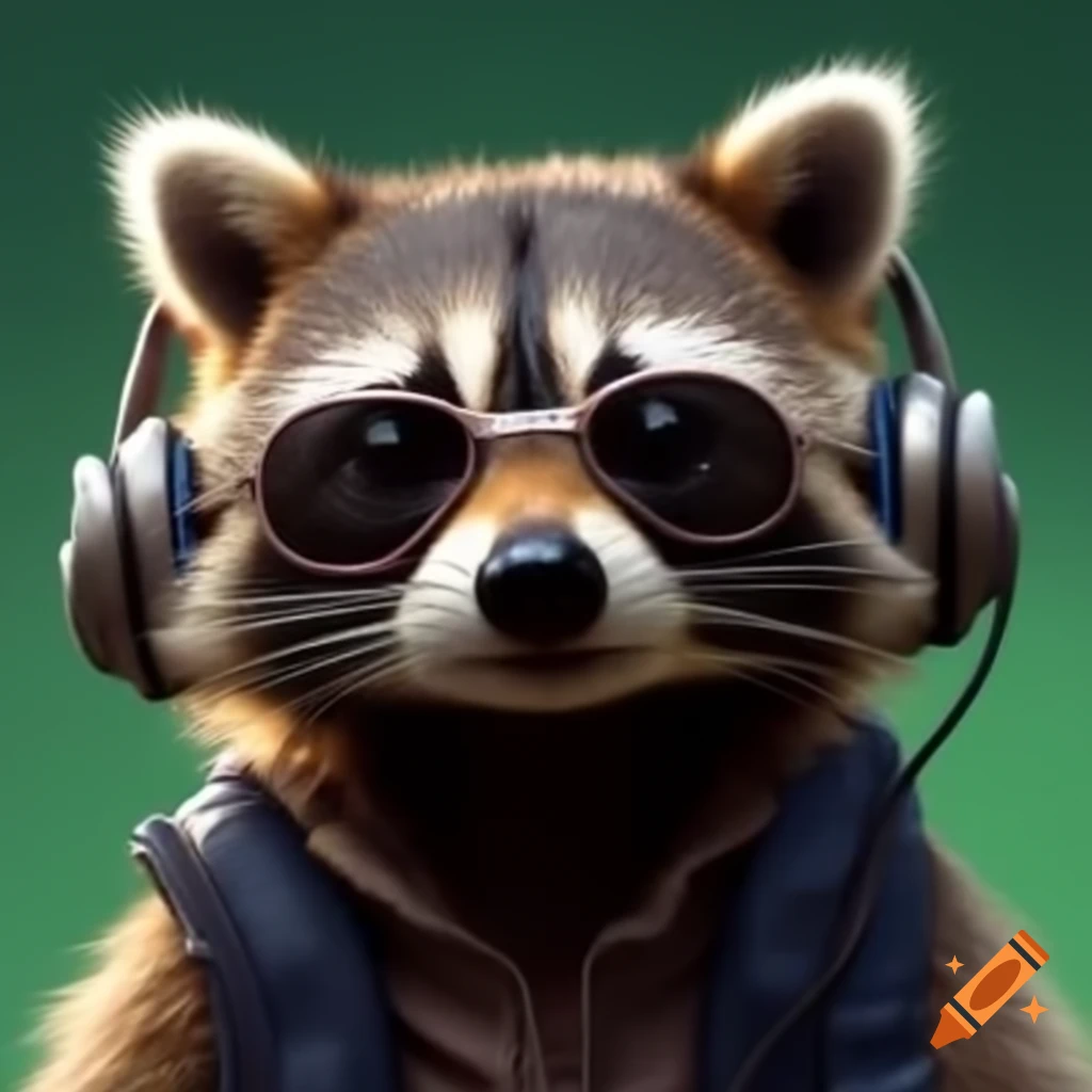 Raccoon wearing headphones and nerdy glasses