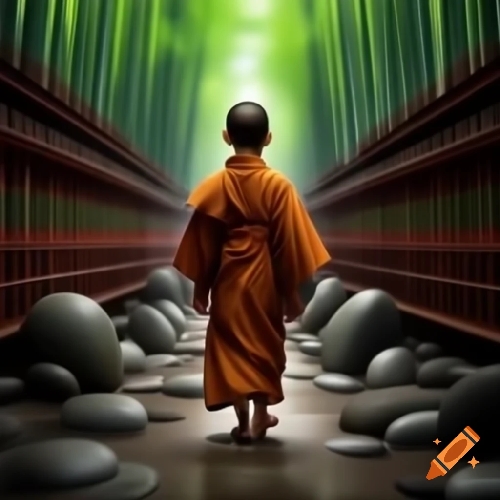 Young monk walking towards old Zen master in traditional Japanese Zen garden