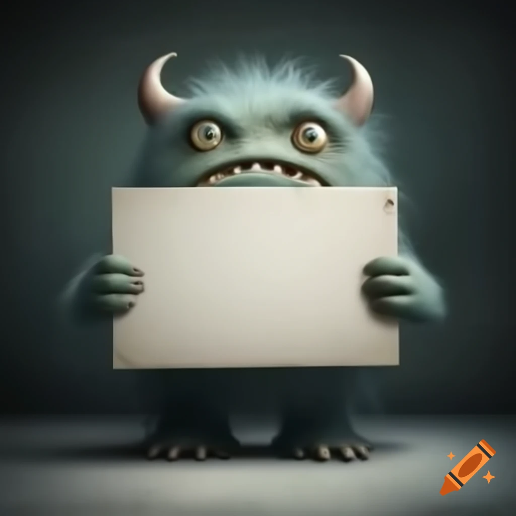 Sad monster holding blank white sign
