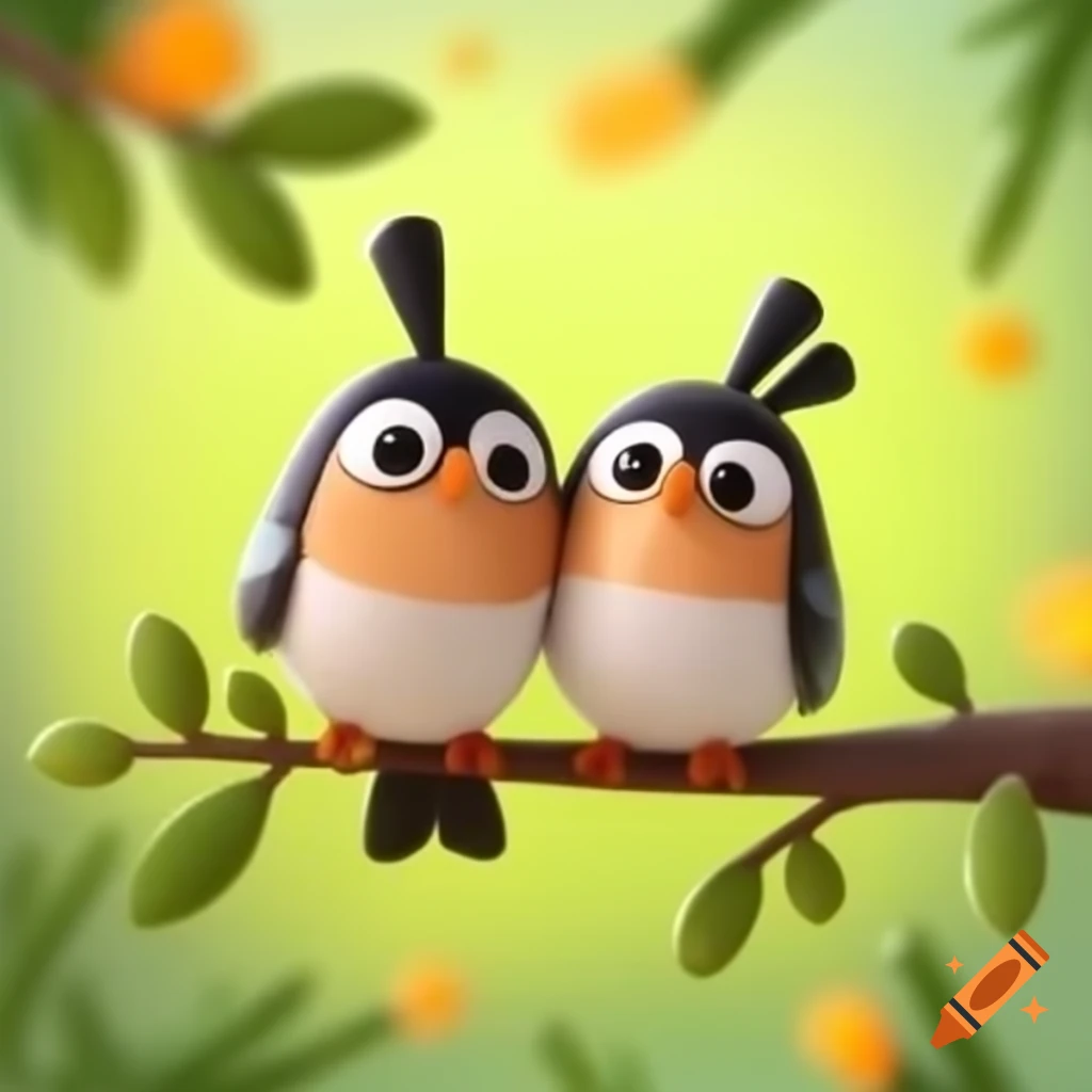 Two cartoon sparrows in love on a tree branch