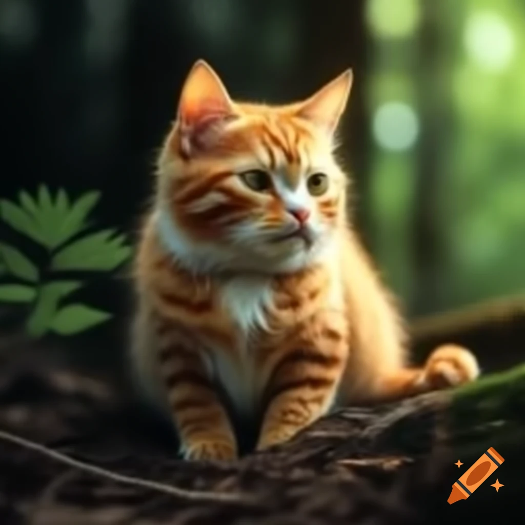Ginger cat exploring a lush forest