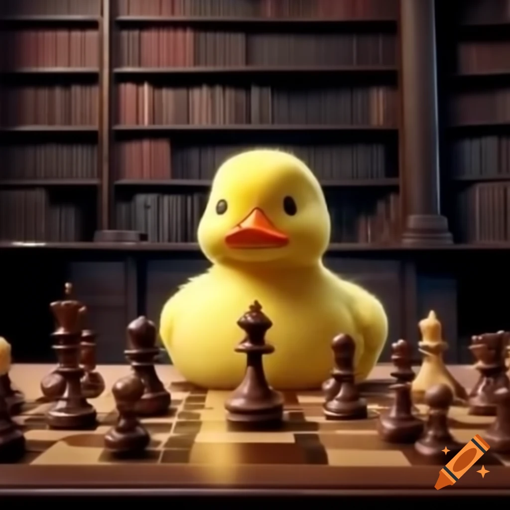 Rubber duck playing chess in a historical library