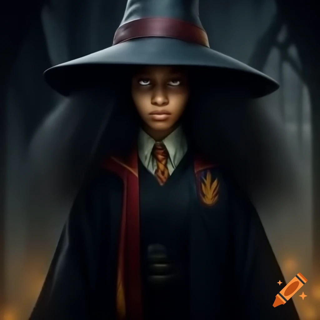 Scary witch with frizzy black hair in long black robes, inspired by Harry Potter