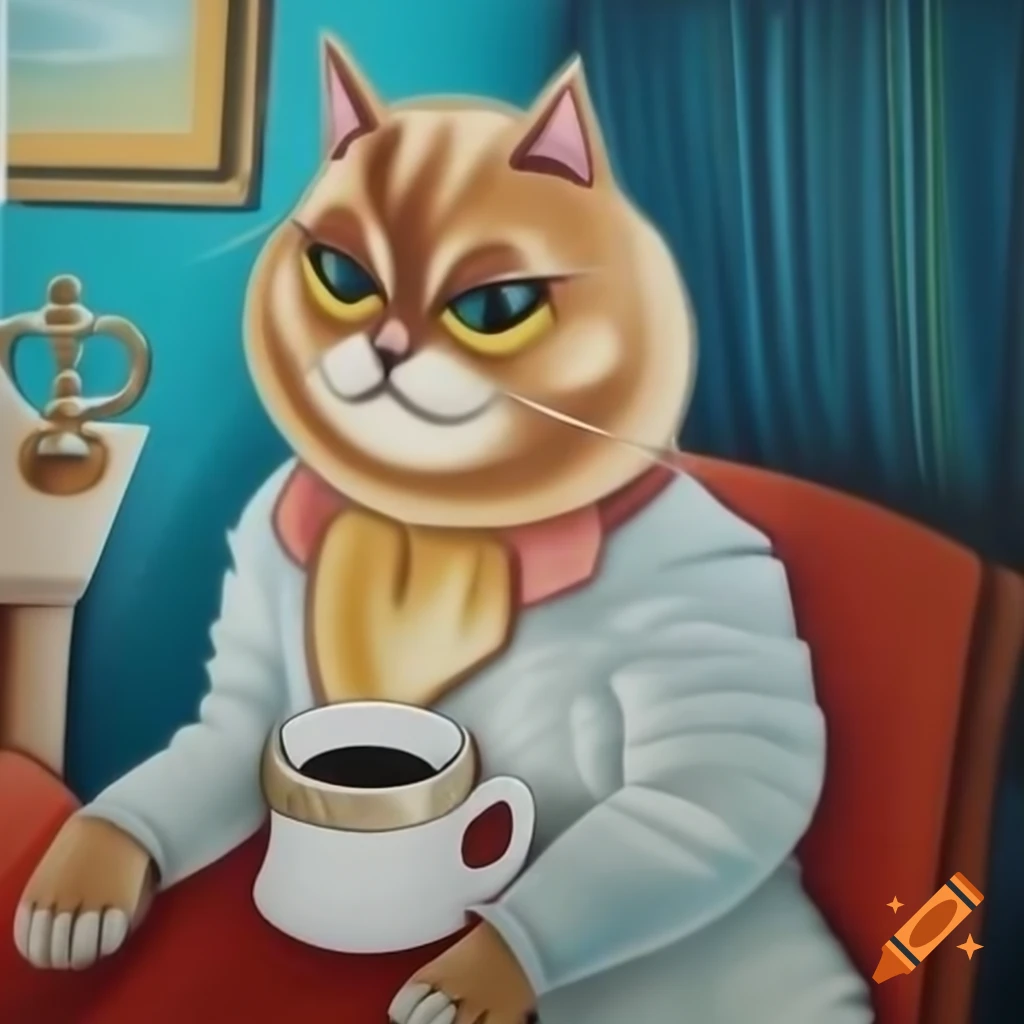 Cat in elegant clothing holding coffee mug in watercolor painting style