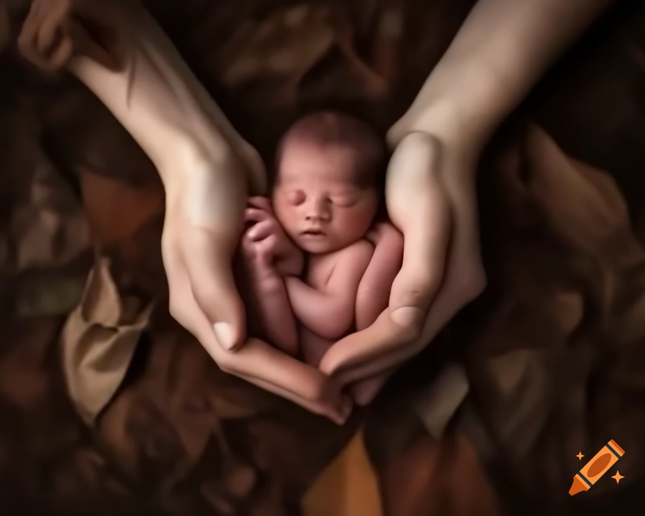 Human hands cradling tiny humanoid creature with delicate features