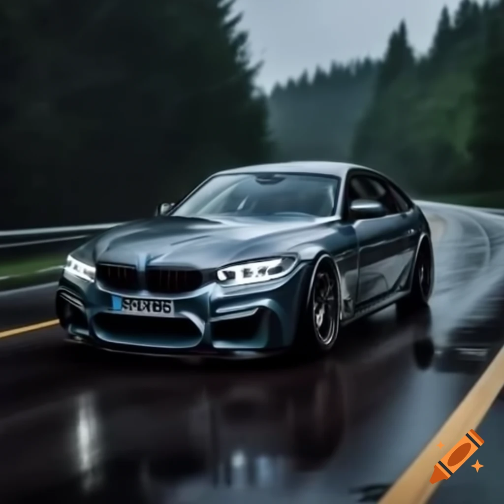 BMW 330i driving on rainy highway through woods