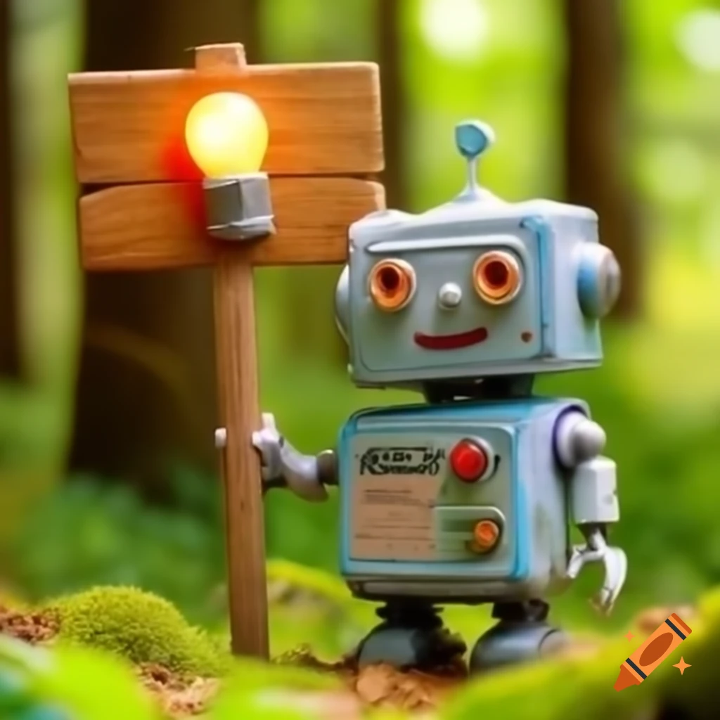 Old happy toy robot holding glowing light bulb sign in a forest