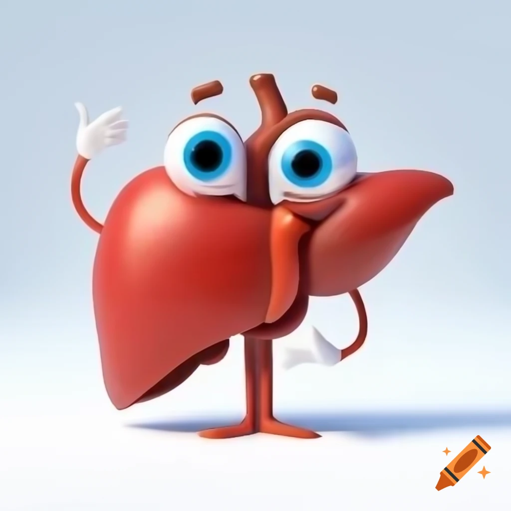 Cartoonish illustration of human liver with googly eyes on white background