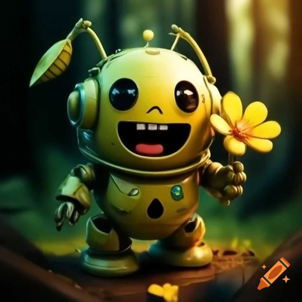 Cute radioactive robot laughing with glowing flower in detailed forest setting