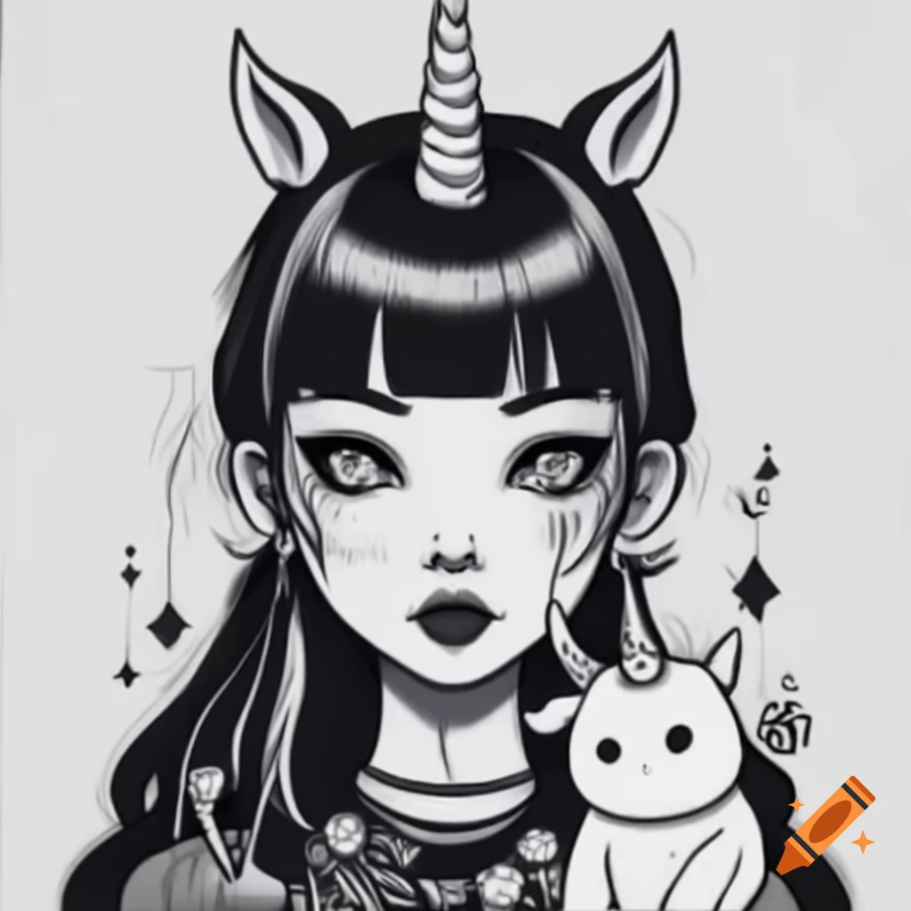 Grayscale anime girl with rock punk style and unicorn