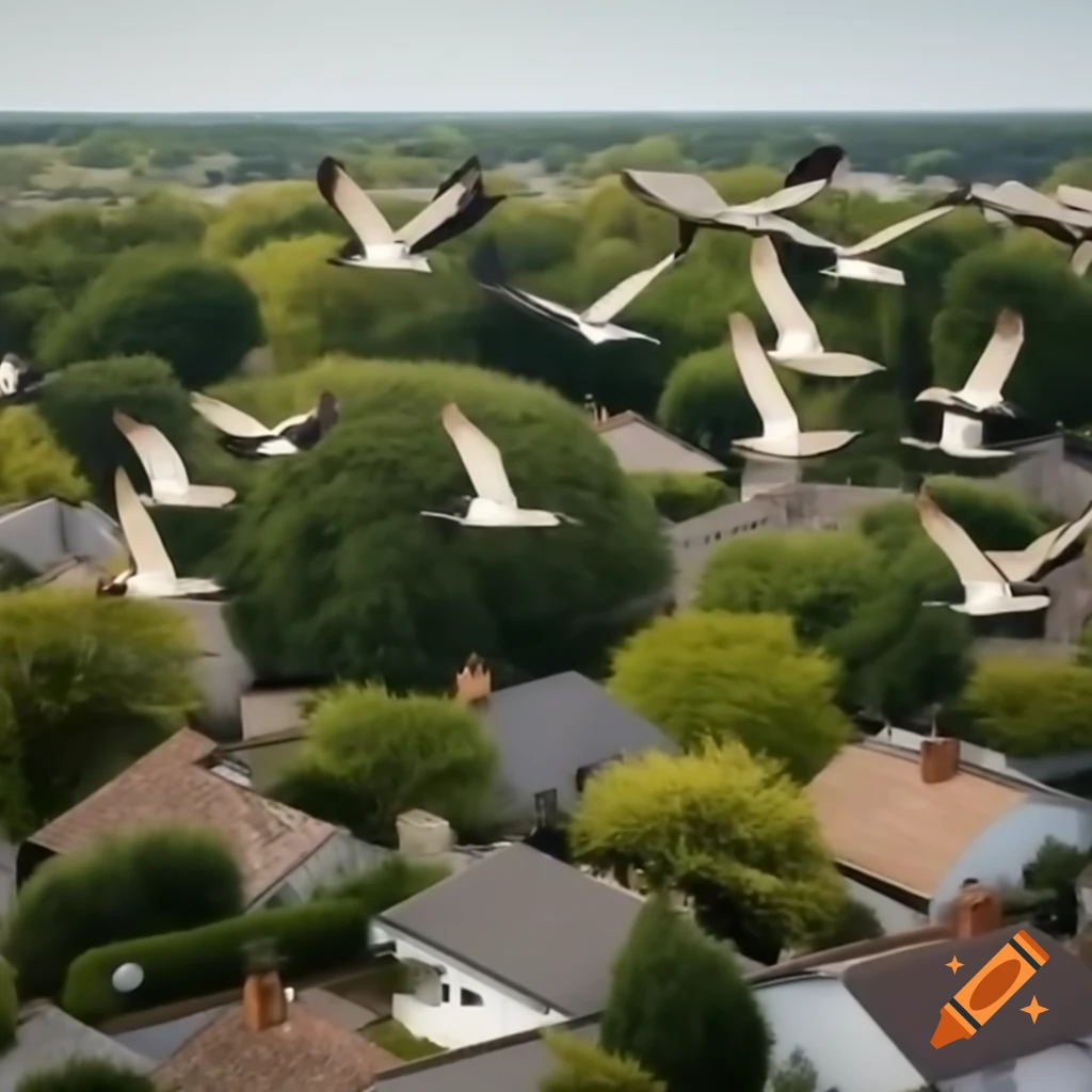 Flock of wild geese flying over neighborhood with green trees and houses