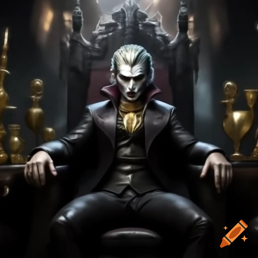 Regal vampire with yellow eyes sitting on ornate throne among trophies