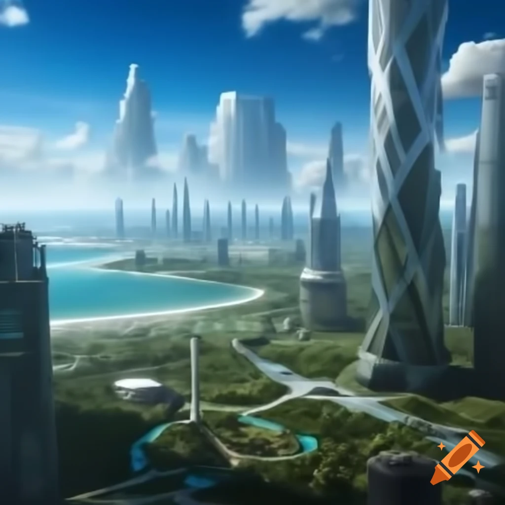Futuristic city by the sea with high-rise buildings, parks, and solar panels under a sunny sky