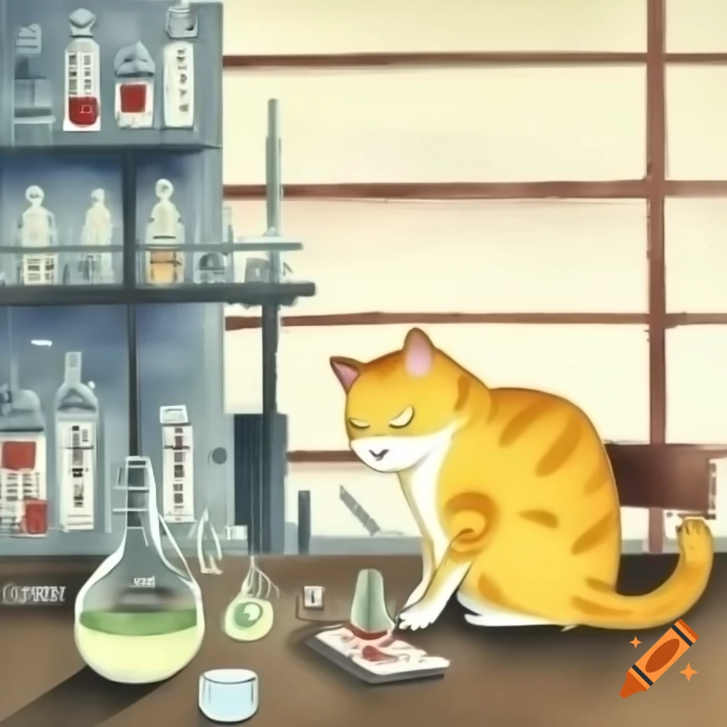 Watercolor painting of yellow cat in science laboratory, inspired by Katsushika Hokusai