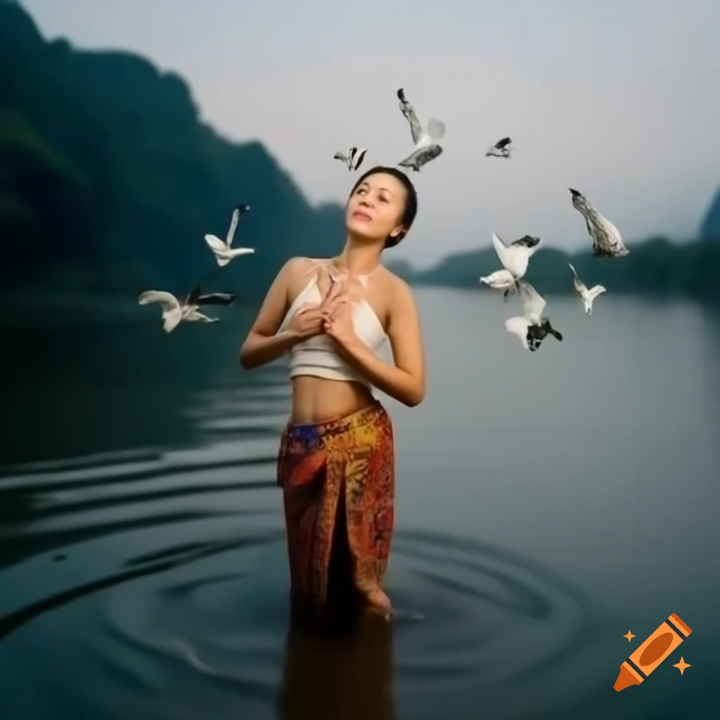 Thai woman in traditional sarong bathing by riverside in serene forest setting