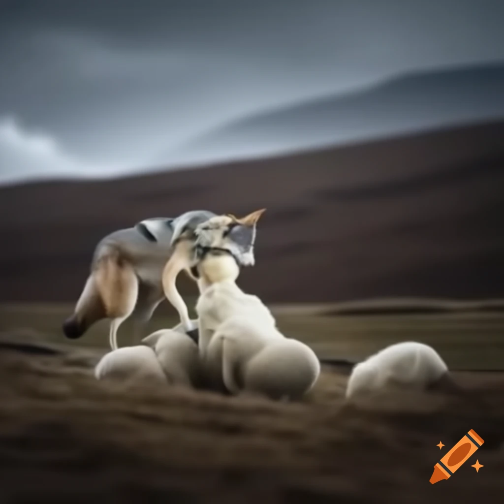 Wolf preying on sheep in natural setting