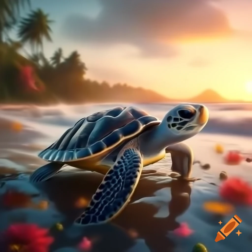 Sea turtle emerging from water at sunset with sparkling droplets
