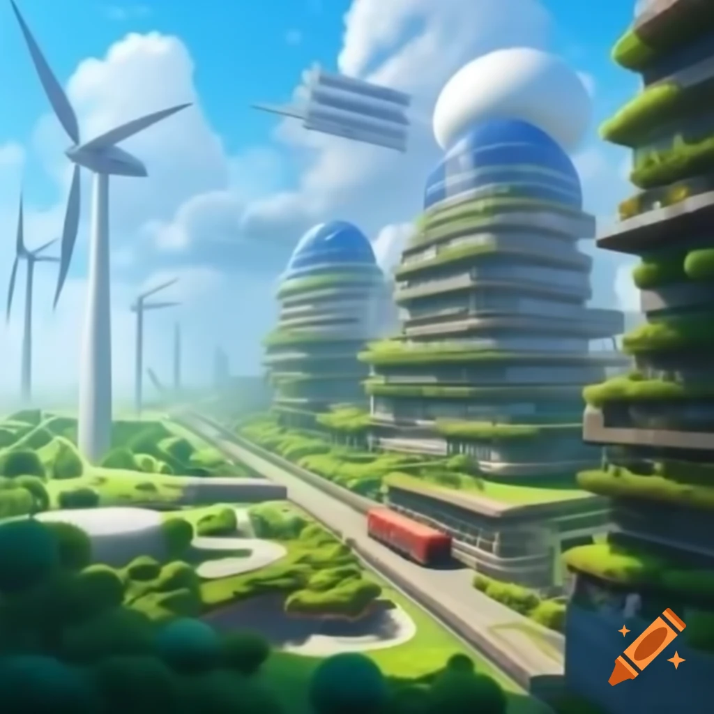 Futuristic city with renewable energy, vertical gardens, and advanced transport