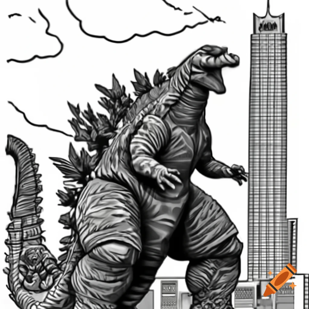 Drawing of Godzilla next to high rise building