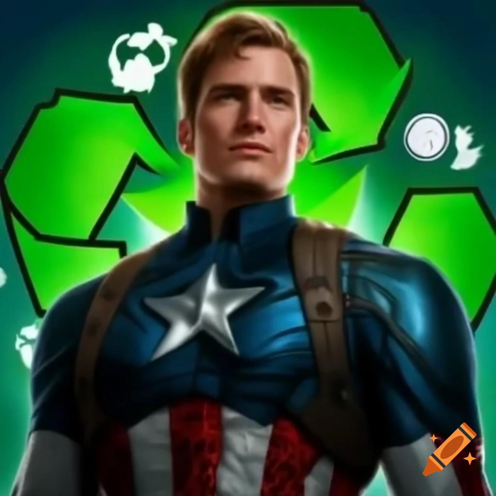 Captain america in green suit promoting environmental and recycling