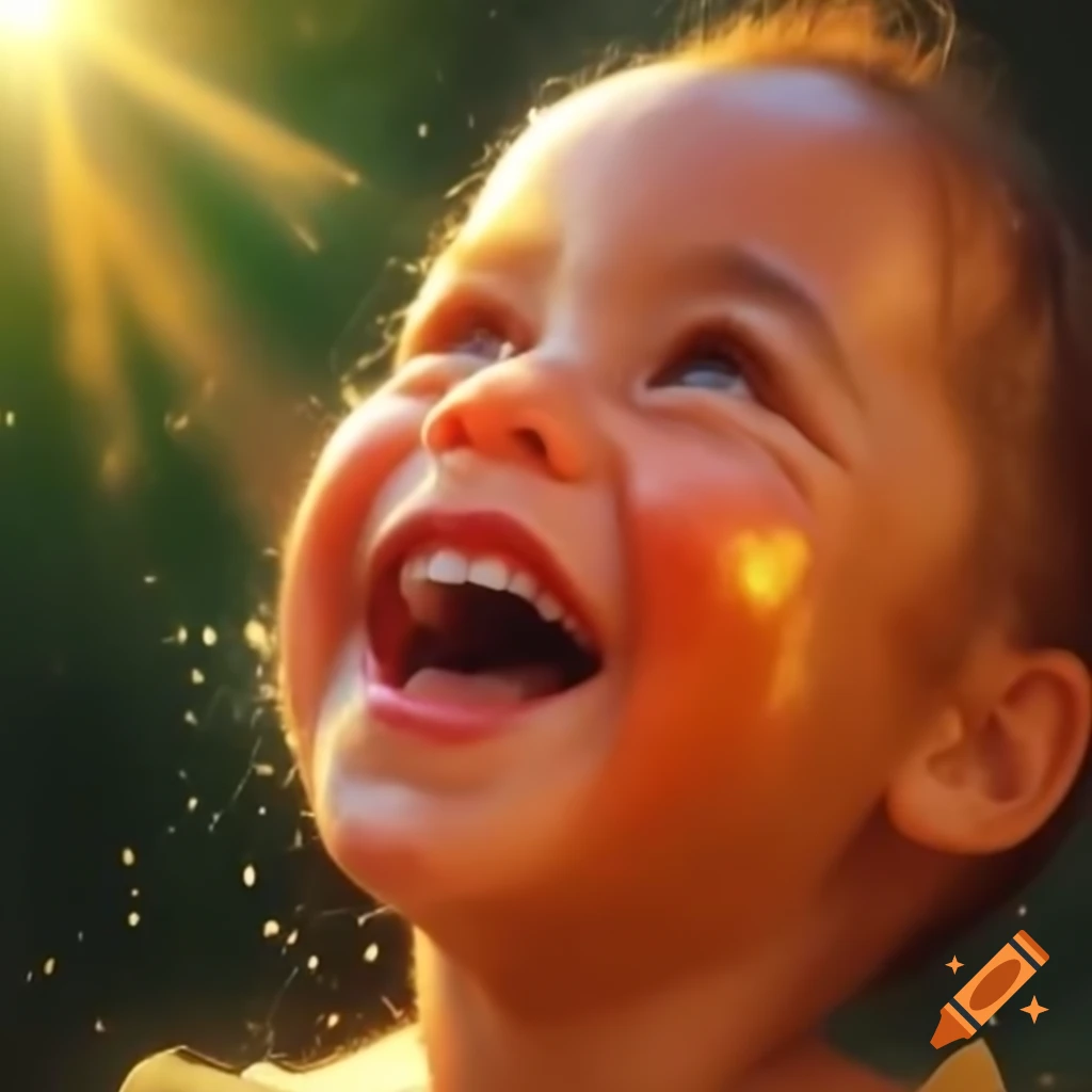 Joyful child smiling in golden sunlight, eyes sparkling with energy