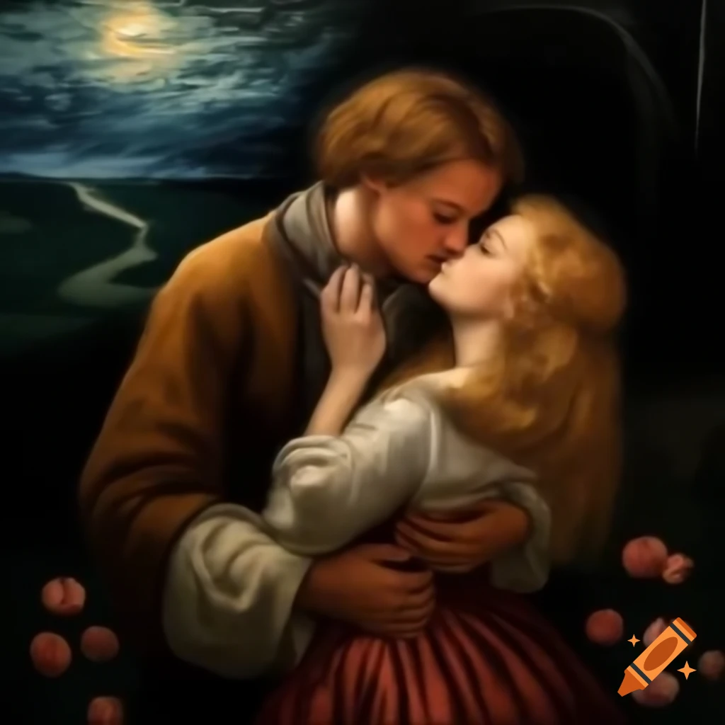 Blonde lovers embracing in moonlight, painted in Peter Bruegel style
