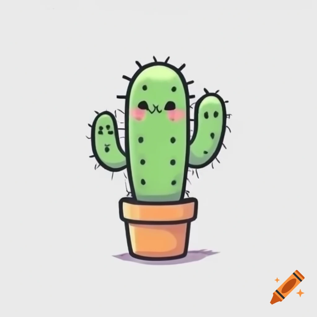 Kawaii cactus design in black line art on white background