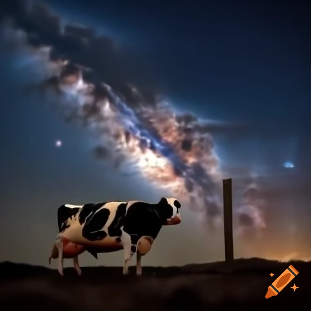 Cow on top of pole with 'Milky' sign
