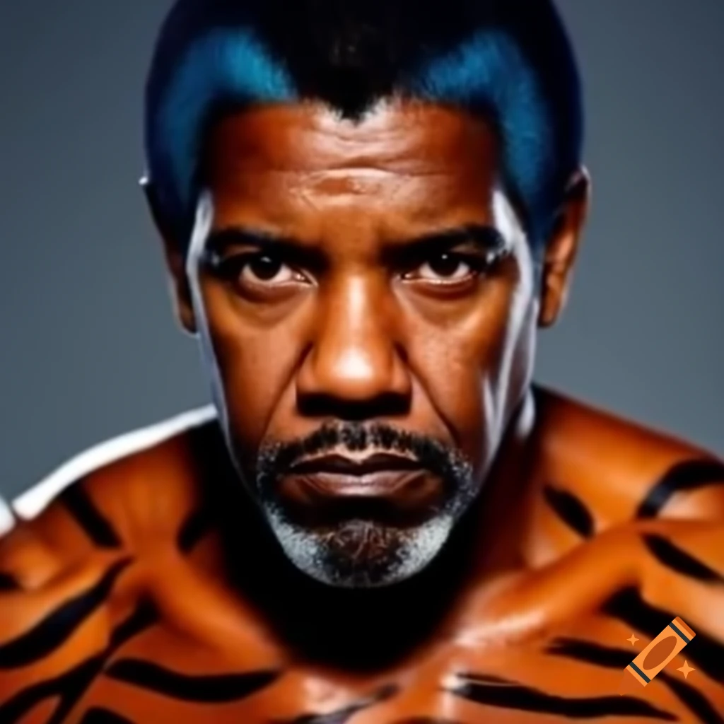 Muscular character with tiger-style makeup and blue hair, featuring stripes