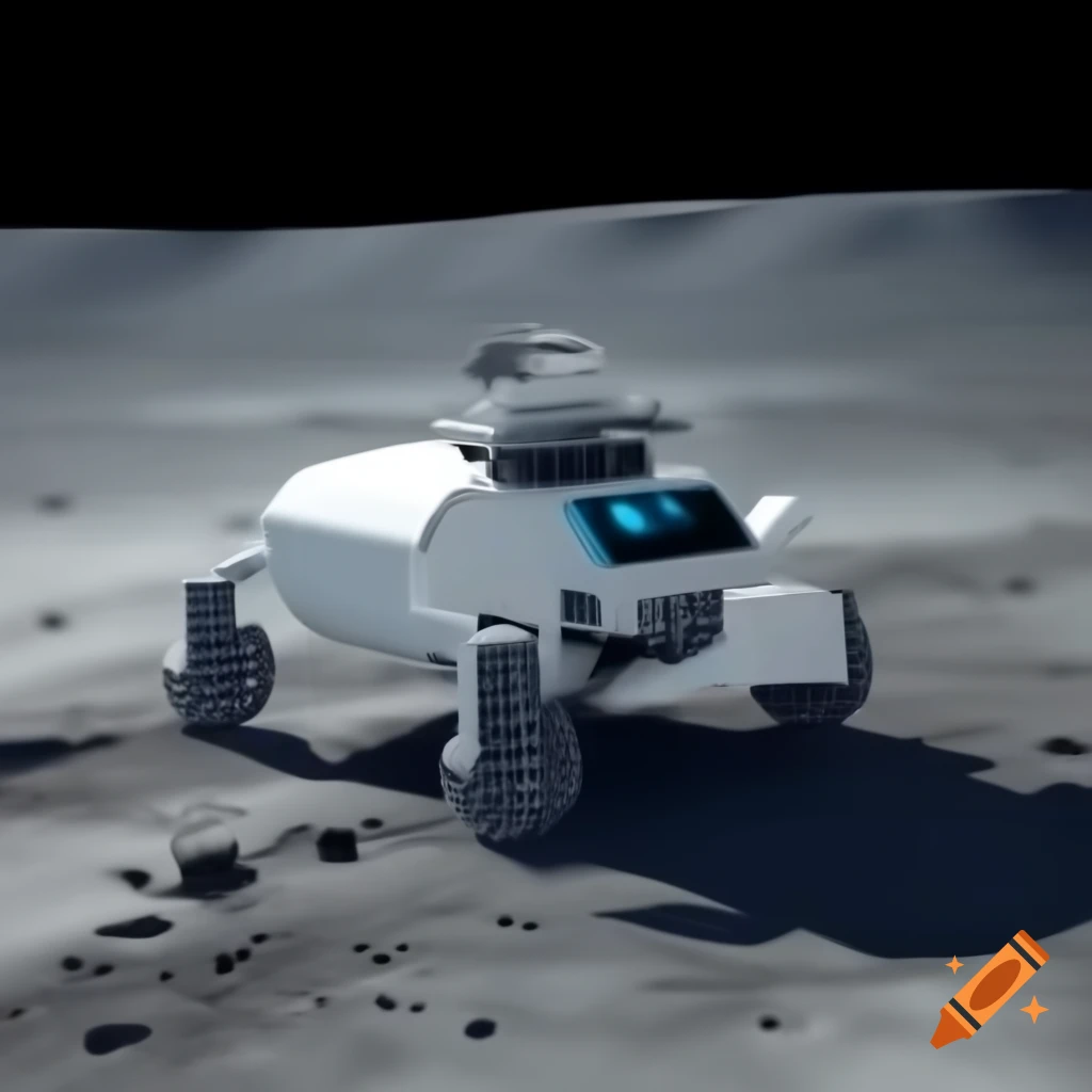 Futuristic lunar rover designed for autonomous food delivery in lunar cityscape