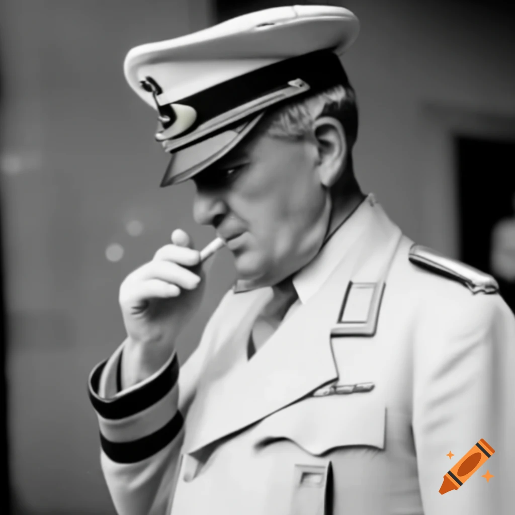 Captain Langsdorff in German Army uniform expressing anger while holding a piece of paper and smoking pipe